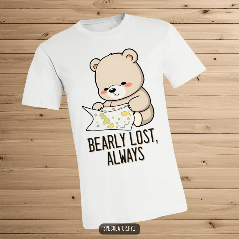 Funny t-shirt design of a thoughtful bear meticulously studying a complex map, looking intelligent and ready for exploration.