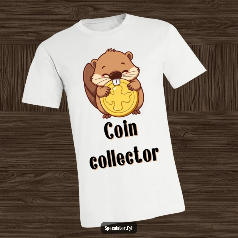 Funny t-shirt with a determined beaver gnawing a golden coin, representing ambition and perseverance in a humorous way.
