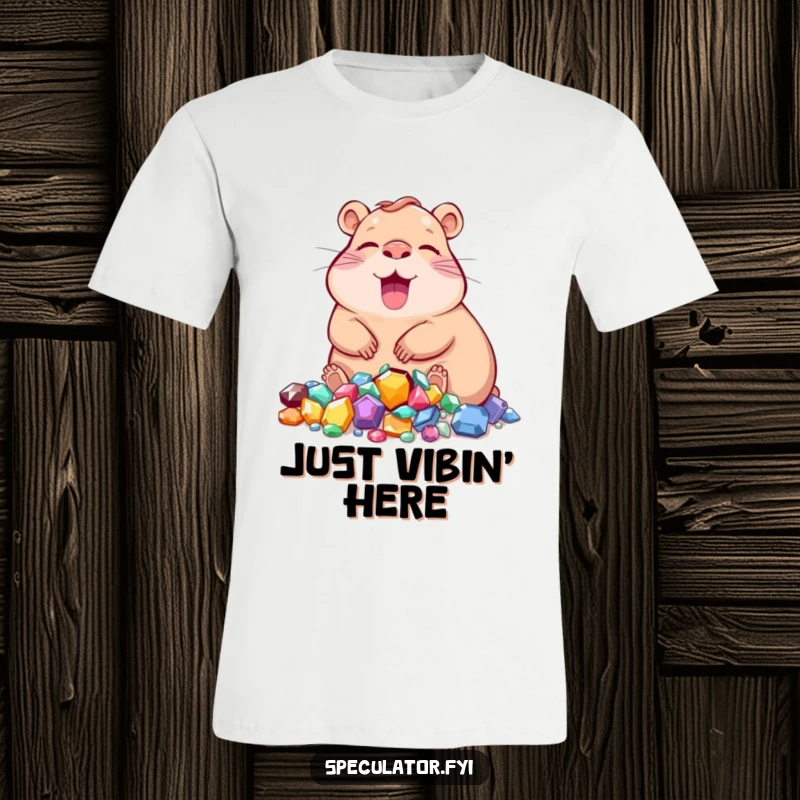 Funny capybara t-shirt showing a joyous character relaxing near a pile of jewels, symbolizing calm luxury.