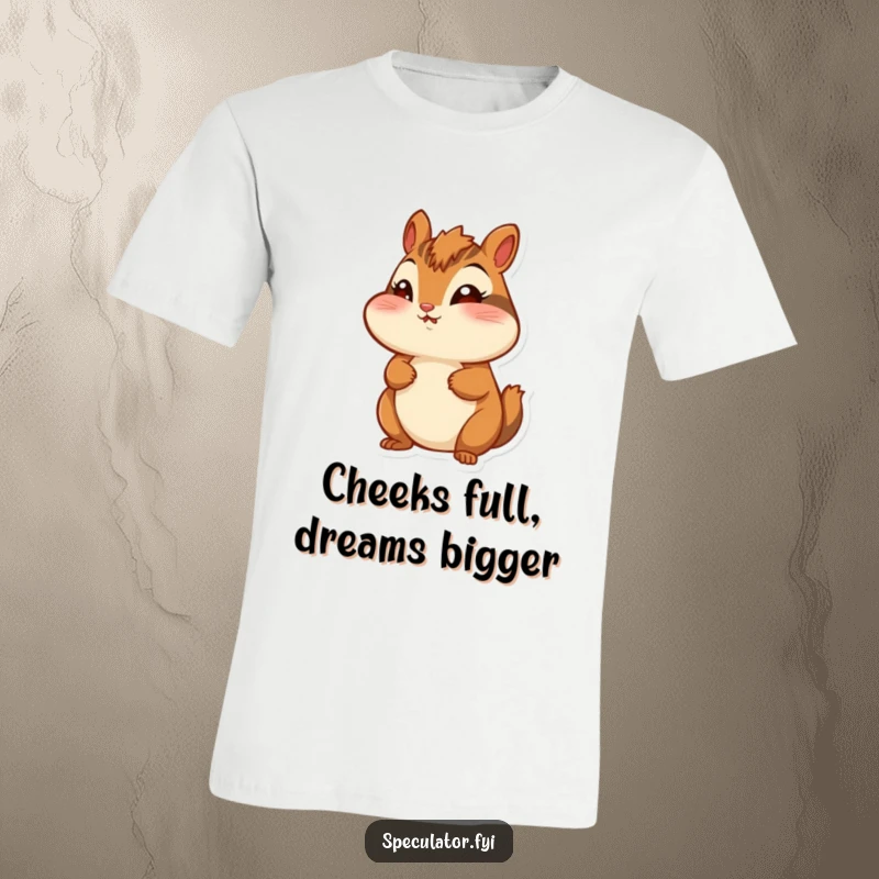 Funny chipmunk t-shirt, cheeks puffed, looking around with wonder, ideal for expressing cheerful curiosity.