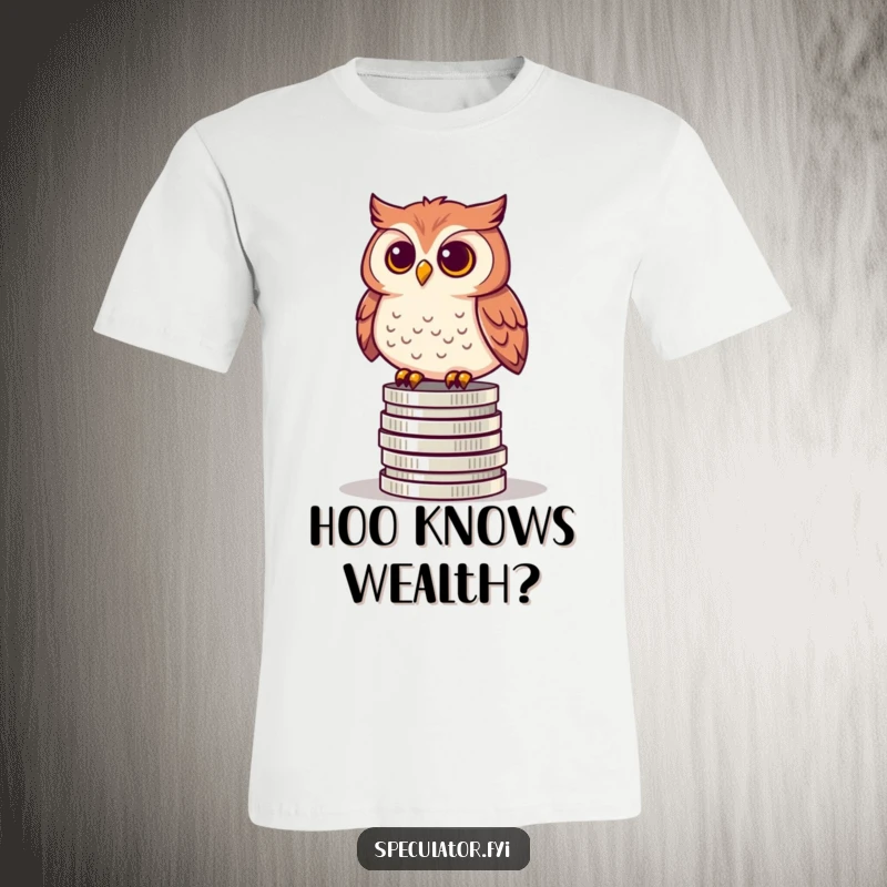 Funny t-shirt featuring a curious owl sitting atop a precarious stack of coins, representing wisdom, prosperity, and keen observation.