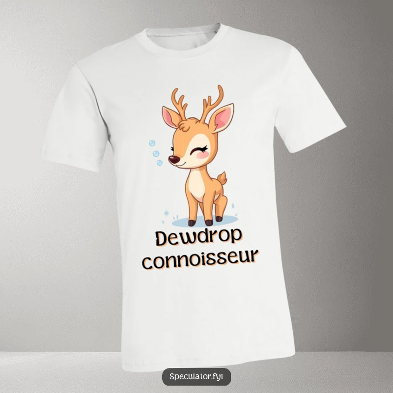Funny t-shirt depicting a delighted deer gazing with wonder at a glistening dewdrop, highlighting innocence and appreciation for detail.