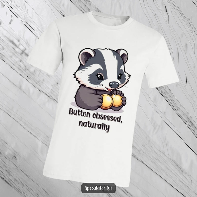 Funny determined badger with a bright smile carefully inspecting a shiny button on a t-shirt, humorous and detailed apparel.