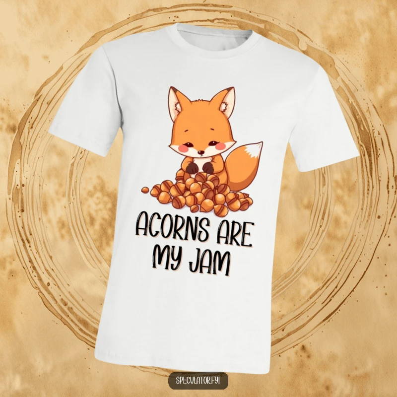 Funny Fox T-Shirt: a resourceful fox diligently counts a pile of shiny acorns, showcasing humorous financial acumen.