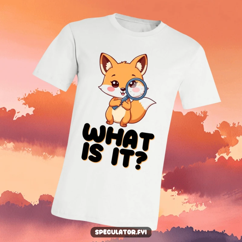 Funny cheerful fox t-shirt holding magnifying glass to question mark, a curious detective character on the hunt.
