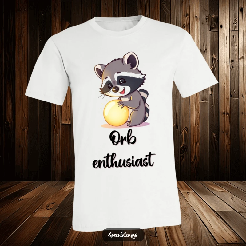 Funny happy raccoon examining a mysterious, glowing orb on a t-shirt, humorous and intriguing apparel.