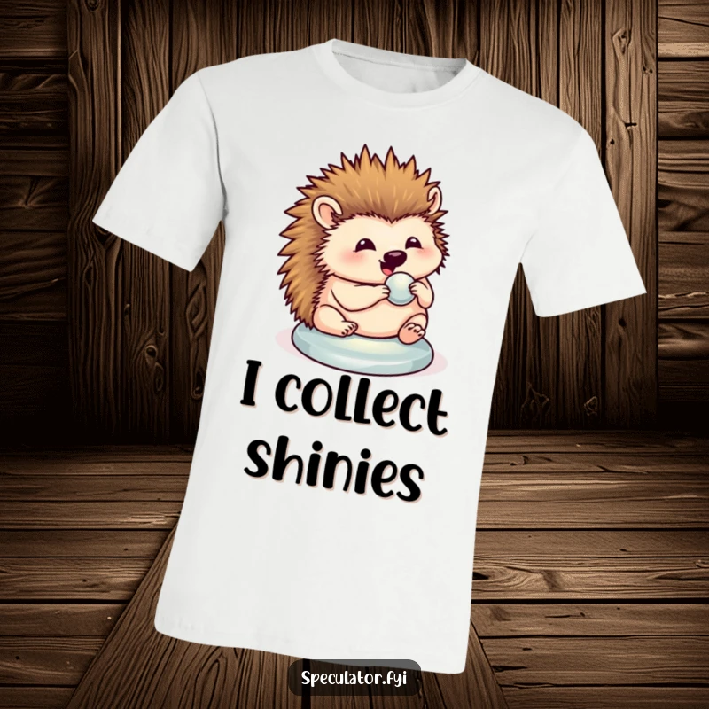 Funny hedgehog t-shirt featuring a happy hedgehog shining a button, showcasing meticulous and humorous attention to detail.