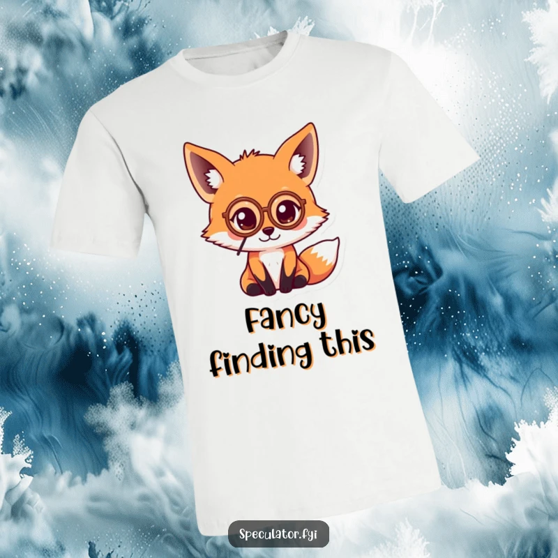 Funny kawaii fox wearing a monocle, intently focused on a coin, printed on a sophisticated yet humorous t-shirt.