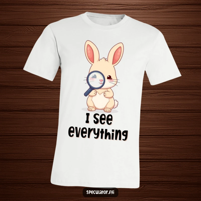 Funny kawaii rabbit character holding a magnifying glass to examine a tiny object with big eyes on a t-shirt.