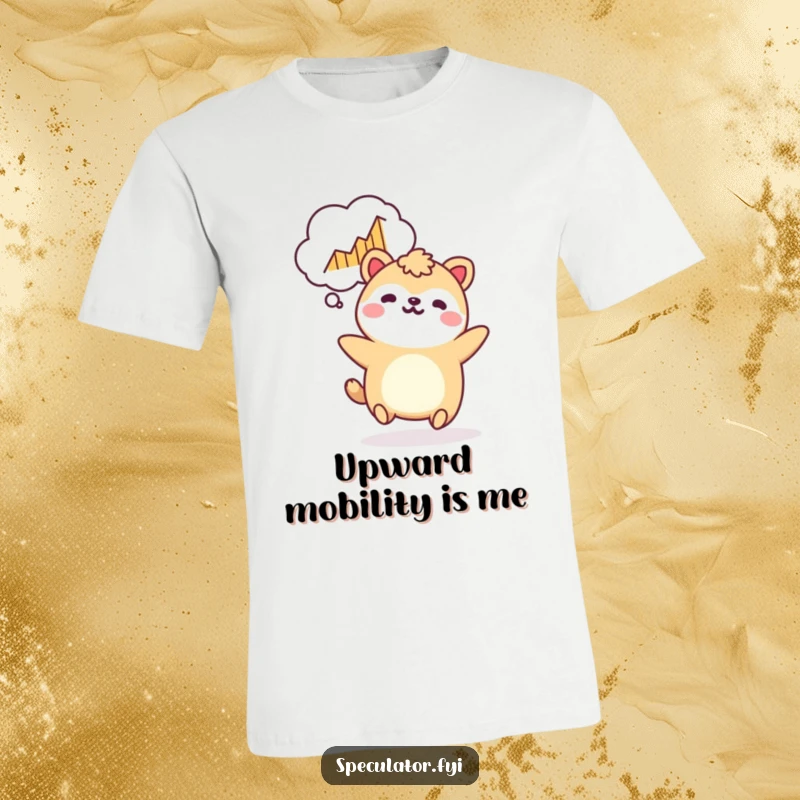 Funny Kawaii animal t-shirt bouncing with a rising graph in a thought bubble, perfect for optimists and as a funny gift.