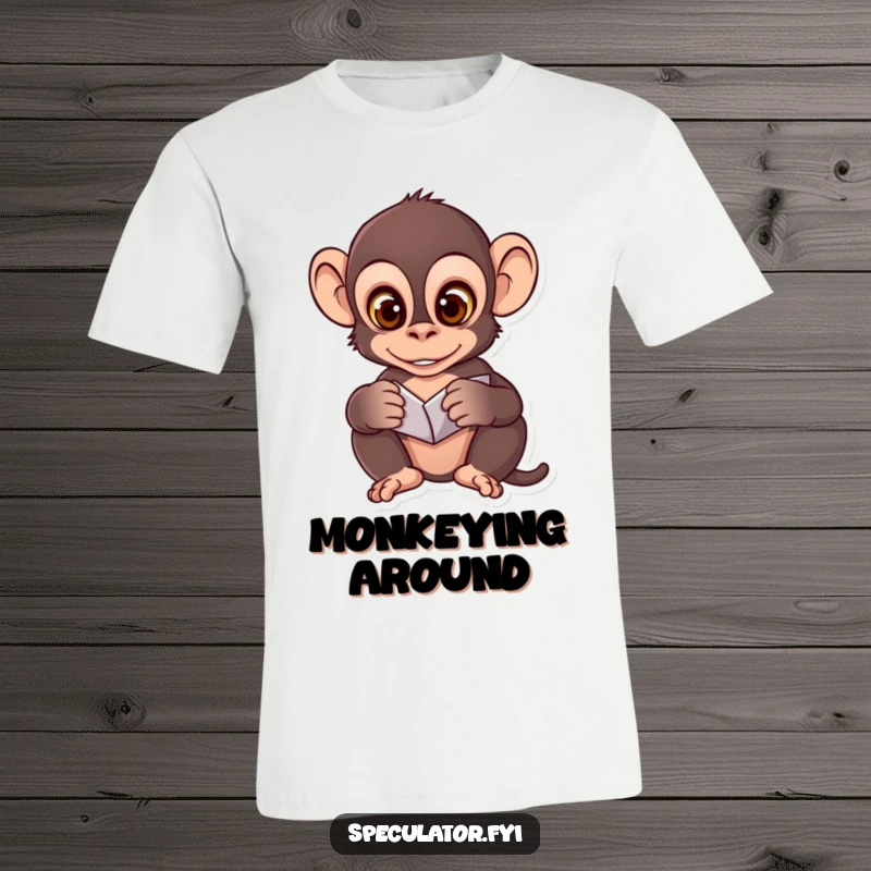 Funny t-shirt with a clever monkey's wide eyes studying unfolding patterns, representing intelligence and observation humorously.