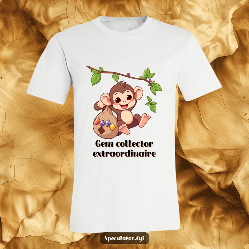 Funny t-shirt design of a playful monkey swinging from a vine, carrying a bag overflowing with glittering gems.