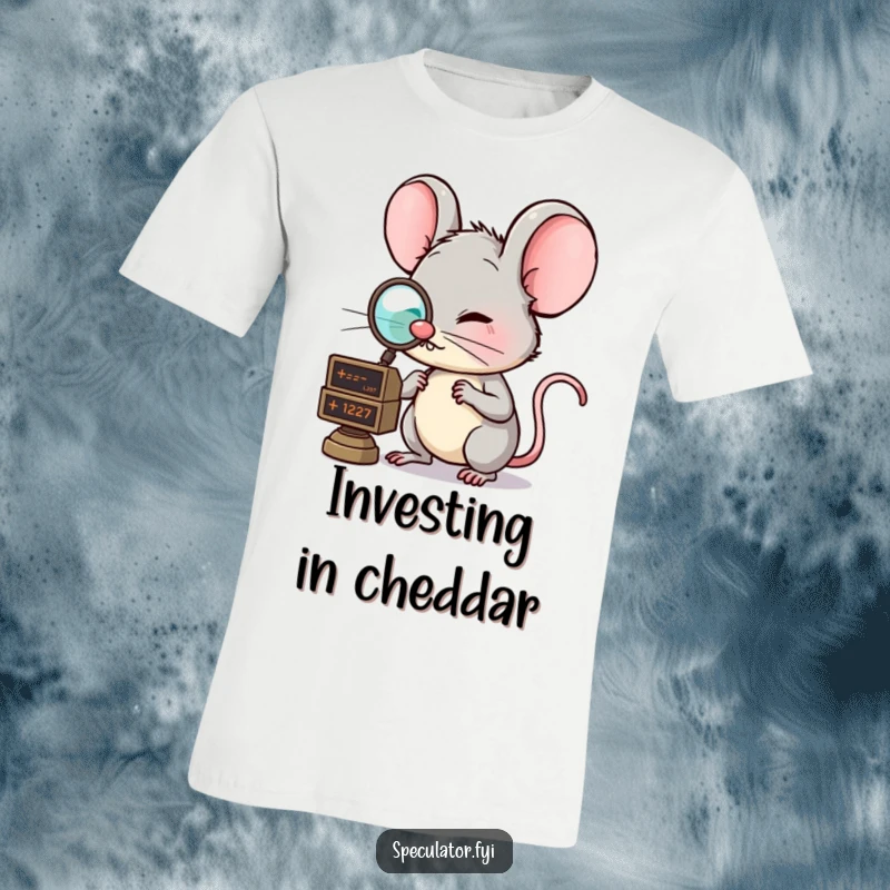 Funny mouse t-shirt with a monocle, cleverly observing a floating market ticker, showcasing a sophisticated and humorous design. An excellent funny gift.