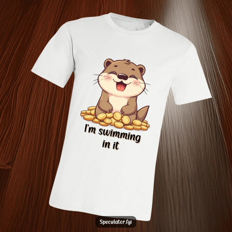 Funny otter t-shirt, grinning with delight, surrounded by a heap of glittering coins, financial humor.