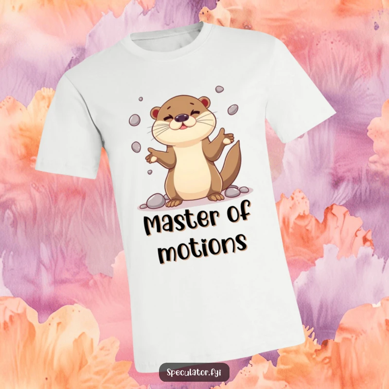 Funny playful otter character t-shirt juggling shiny pebbles with impressive dexterity, perfect for showcasing skill and aquatic charm.
