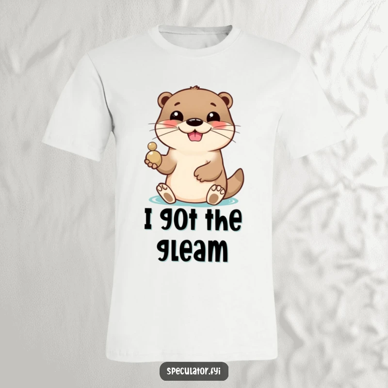 Funny otter t-shirt with a lively grin, playfully tossing a shiny pebble, showcasing a joyful and energetic design. An excellent funny gift.