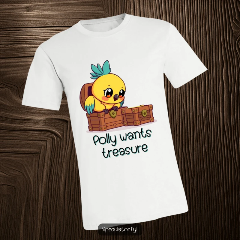 Funny curious parrot t-shirt, eyes wide with wonder at a treasure chest, humorous apparel for explorers.