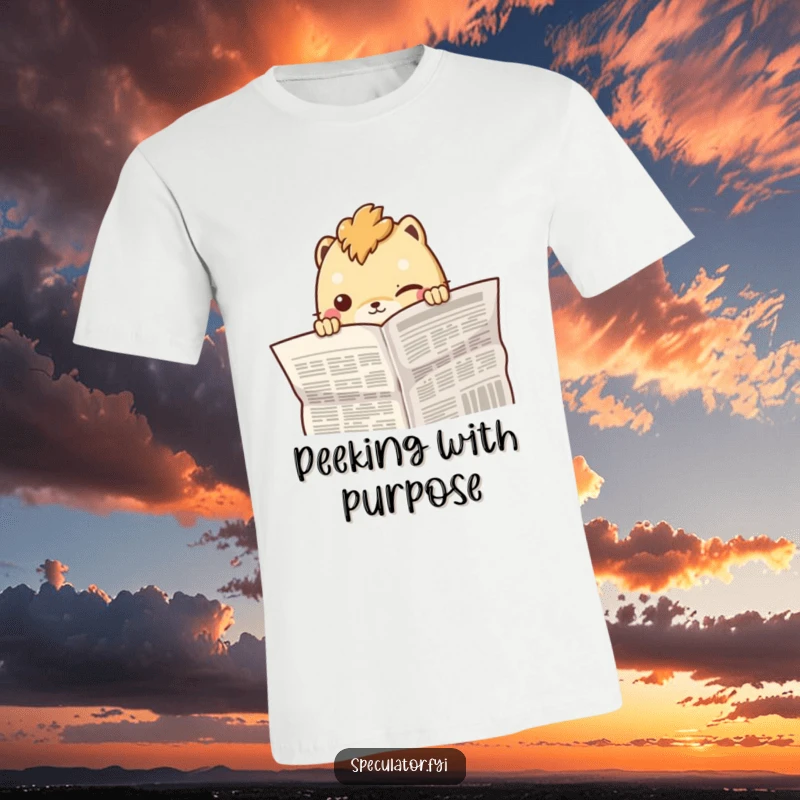 Funny creature peeking from behind a newspaper with a knowing smirk, printed on a comfortable T-shirt.