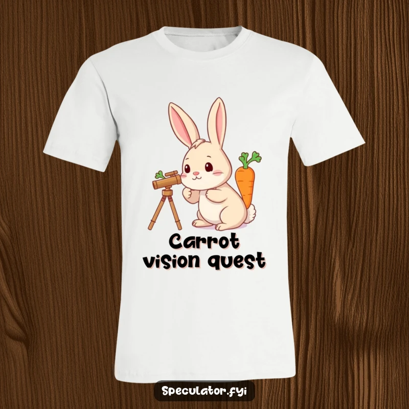 Funny t-shirt design of a rabbit using a telescope to search the sky, aiming for a distant, large carrot.
