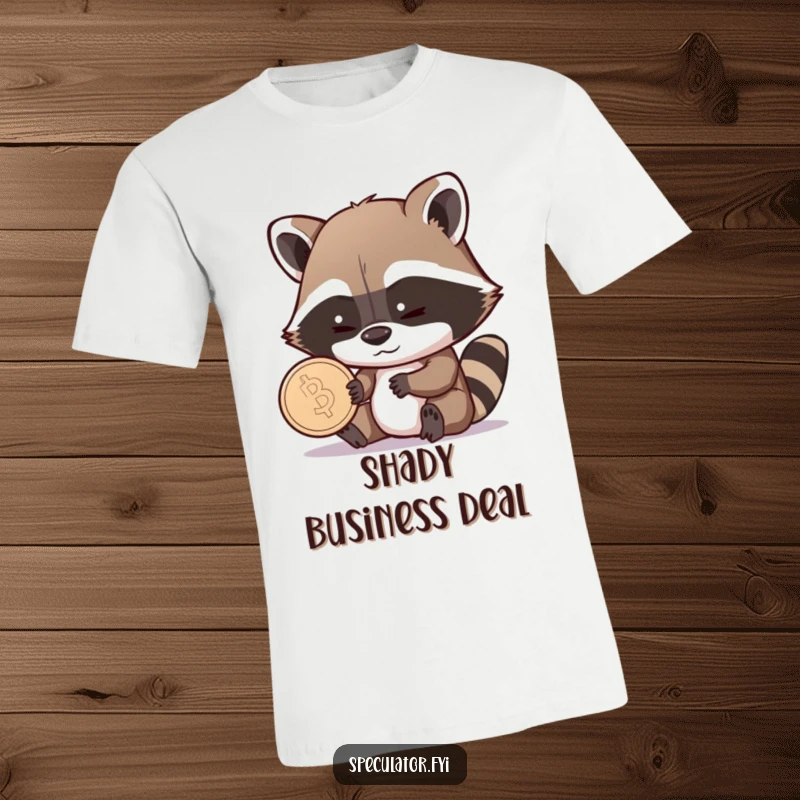 Funny Raccoon T-Shirt: a shrewd raccoon examines a coin with a sly, knowing grin, showcasing humorous resourcefulness.