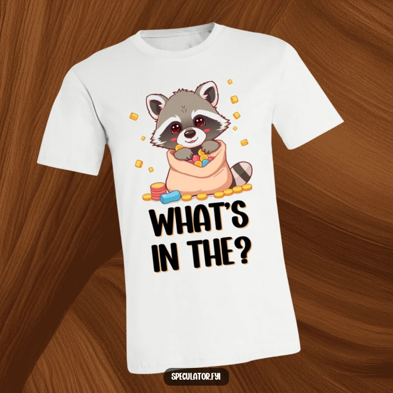 Funny raccoon t-shirt showing a clever character peeking into a bag of riches, symbolizing cunning.