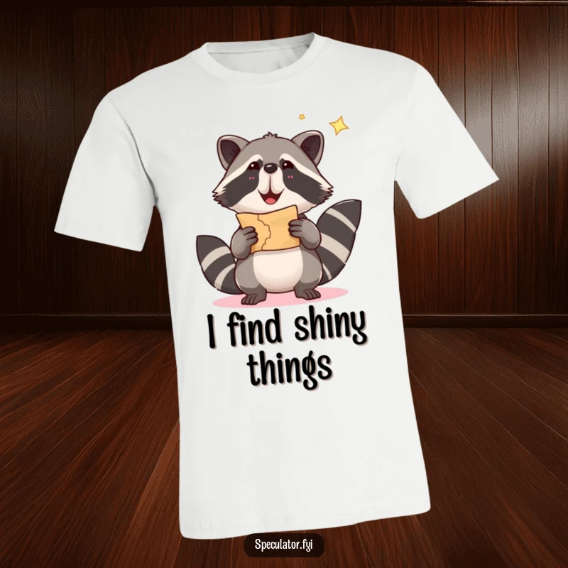 Funny raccoon t-shirt with a cute raccoon gleefully holding a shimmering treasure map, symbolizing a fun quest.