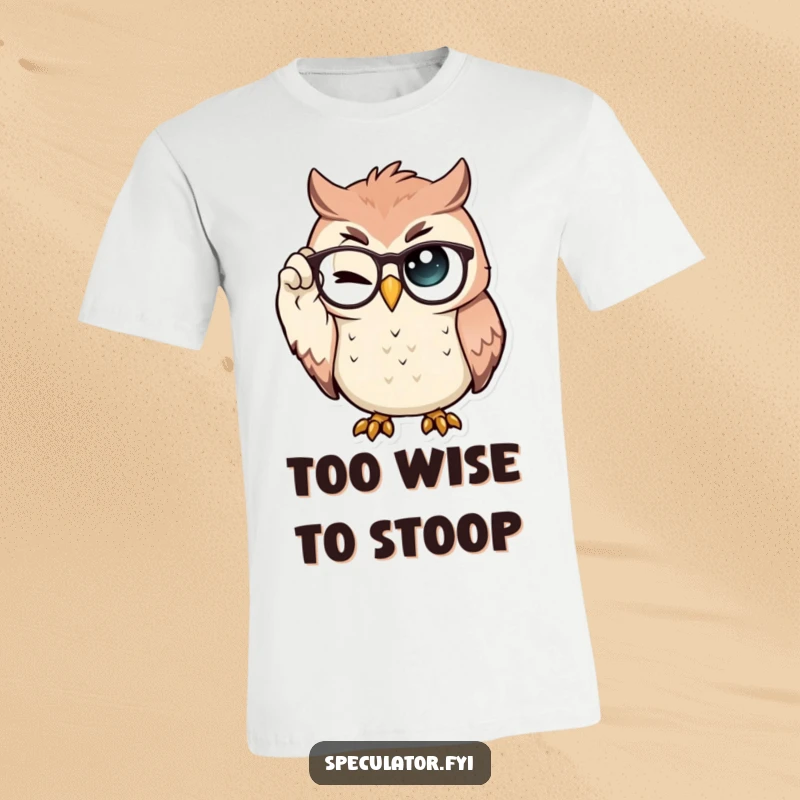 Funny T-Shirt depicting a proud owl adjusting spectacles with one eye winked, celebrating intelligence and witty charm.