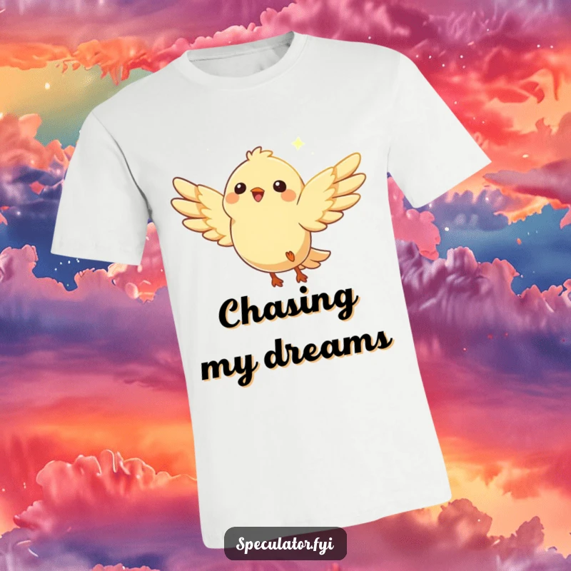 Funny bird t-shirt featuring a happy character with wings spread, soaring dynamically towards a sparkling distant glimmer.