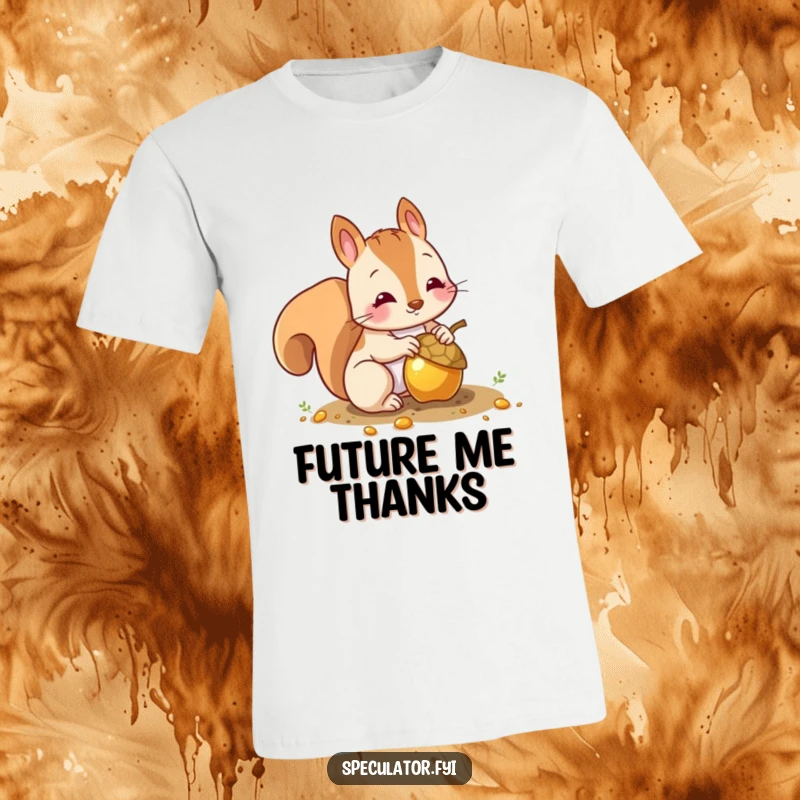 Funny squirrel t-shirt showing a busy character hoarding a shiny gold acorn, perfect for humor enthusiasts.
