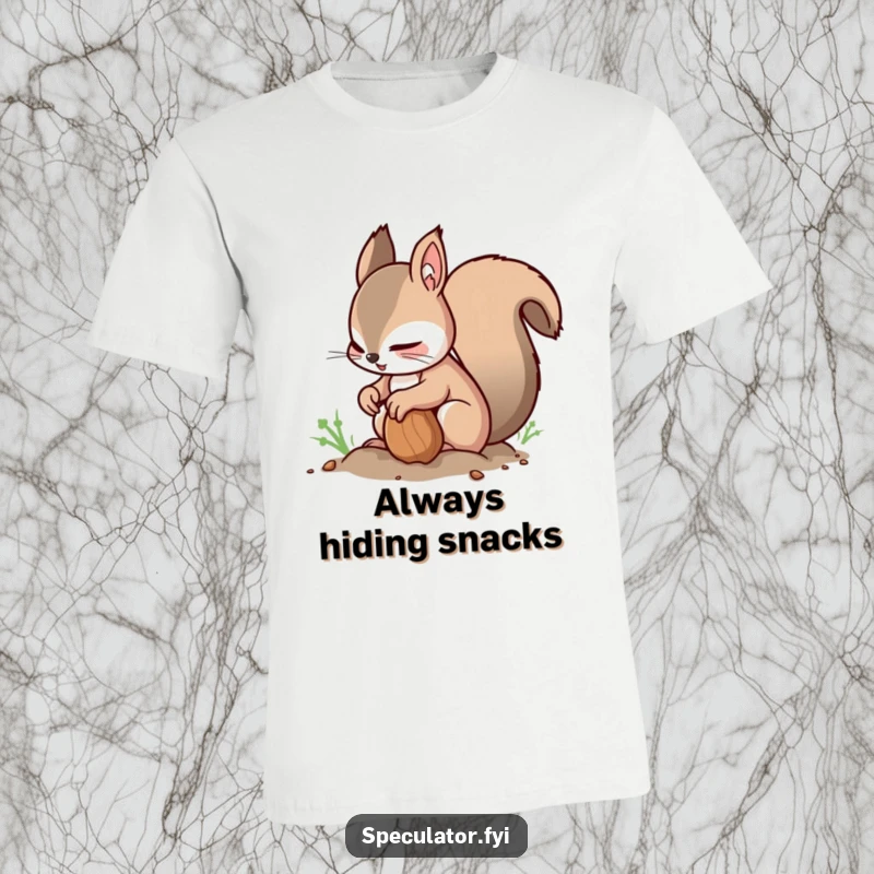 Funny Squirrel T-Shirt: a nimble squirrel buries a nut while looking around cautiously, showcasing humorous activity.