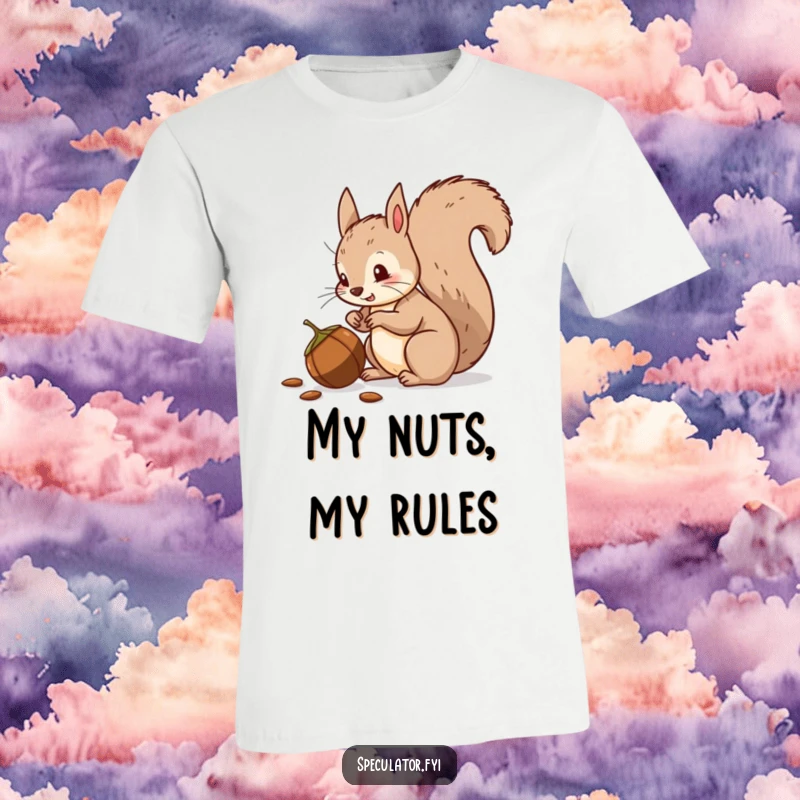 Funny squirrel t-shirt, bushy tail wagging, suspiciously eyeing a fallen nut, conveying humor and caution.