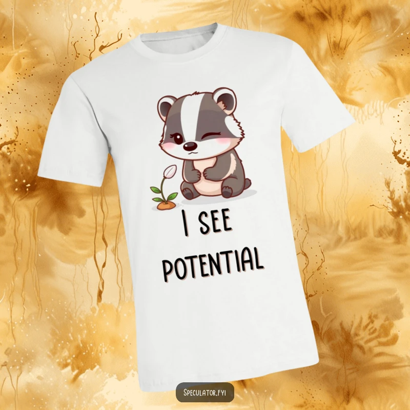 Funny Badger T-Shirt: A winking badger peeks at a sprouting seed, embodying sneaky gardening humor.