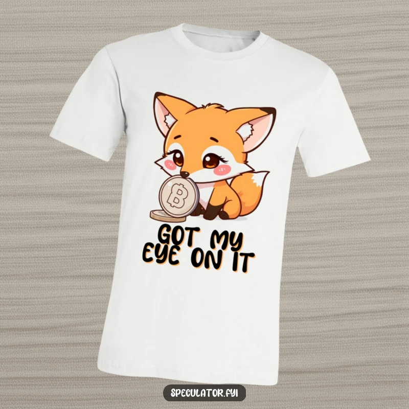Funny fox t-shirt, curious character watching a spinning coin, animal graphic, comfortable and witty apparel.