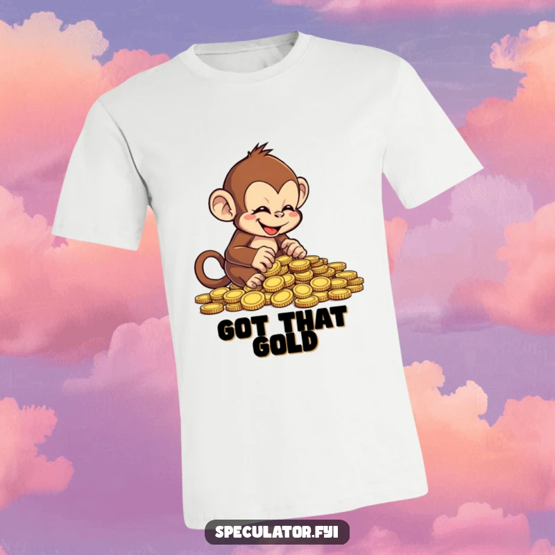 Funny cheeky monkey t-shirt, joyfully counting a pile of coins, a humorous apparel design for money lovers.