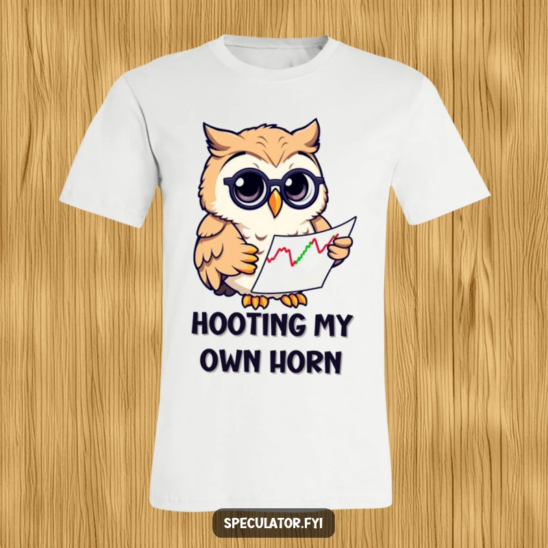 Funny owl wearing a monocle, examining stock charts on a t-shirt, perfect for investors and humor lovers.