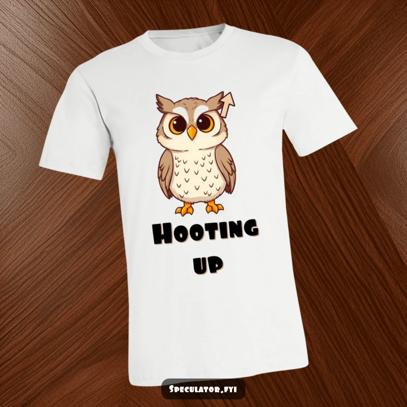 Funny T-Shirt: An inquisitive owl with its head tilted, intently watching a rising arrow icon, representing observation and growth.