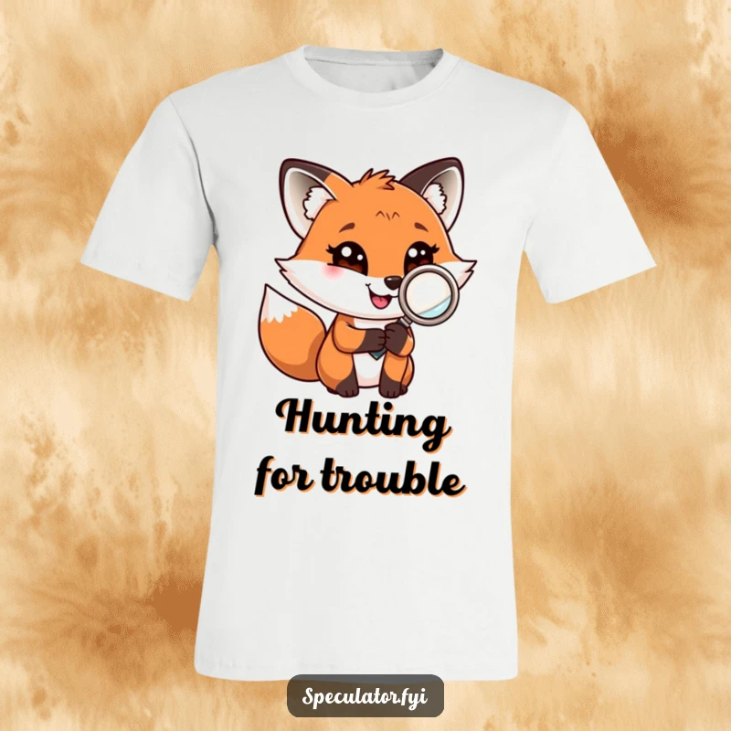 Funny fox with a confident grin, holding a magnifying glass, printed on a t-shirt, for the curious adventurer.