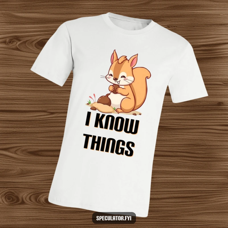 Funny kawaii squirrel character with a sly grin actively burying a nut in the ground on a t-shirt.