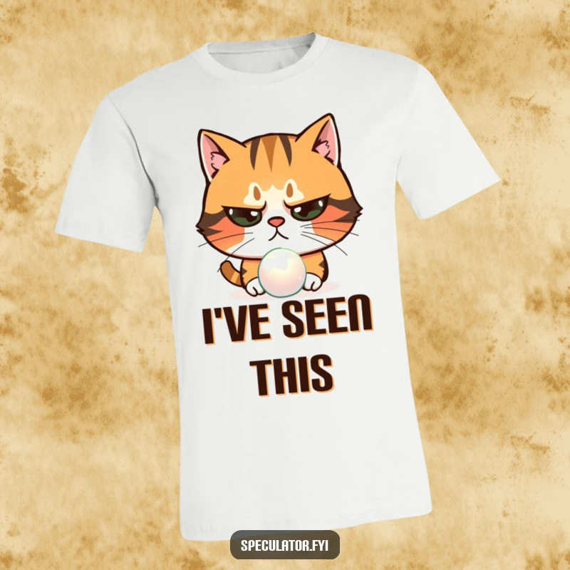 Funny skeptical cat t-shirt examining shimmering object with narrowed eyes, a suspicious pet character looking unimpressed.