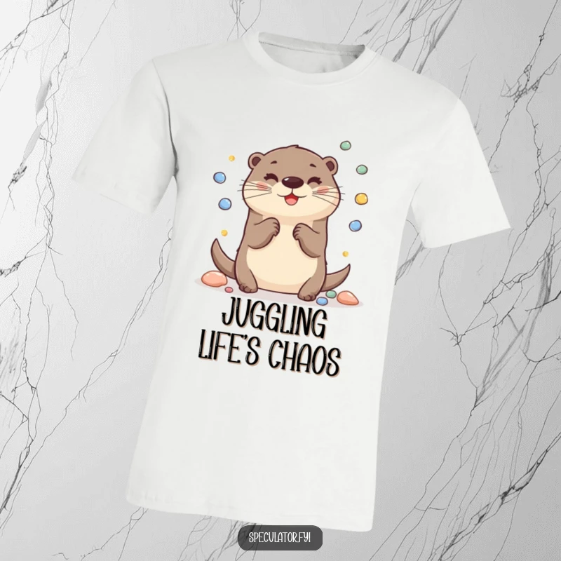 Funny Otter T-Shirt: A cheerful otter is depicted juggling shiny pebbles, full of delight and mischief.