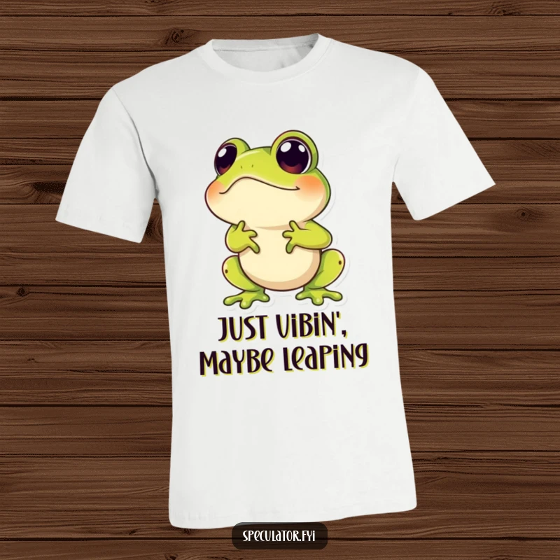 Funny t-shirt showcasing a hopping frog with an inquisitive, upward gaze, illustrating a moment of humorous contemplation.