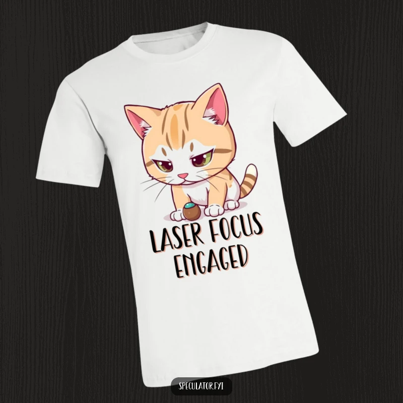 Funny cat character t-shirt intensely focused on a small moving object, perfect for showcasing feline observation skills and humor.