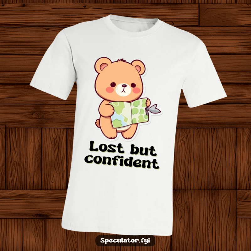 Funny kawaii bear t-shirt, featuring a bear holding a map and pointing forward, great for casual, adventurous wear.