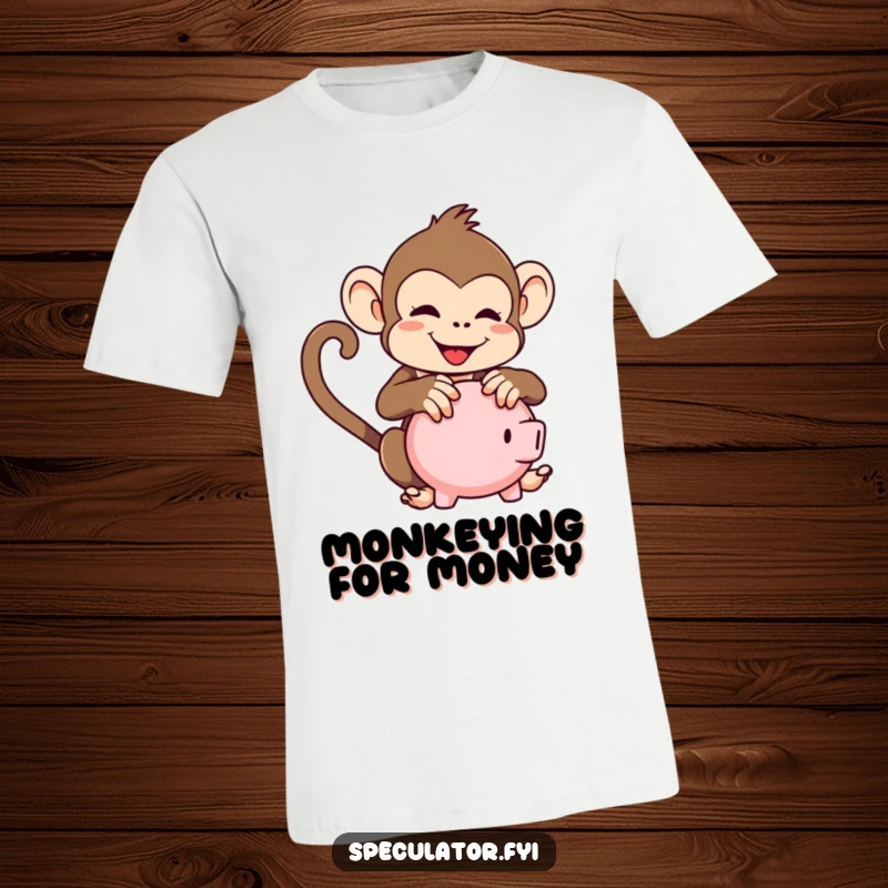 Funny kawaii monkey t-shirt, playfully shaking a piggy bank with enthusiasm, great for casual wear.
