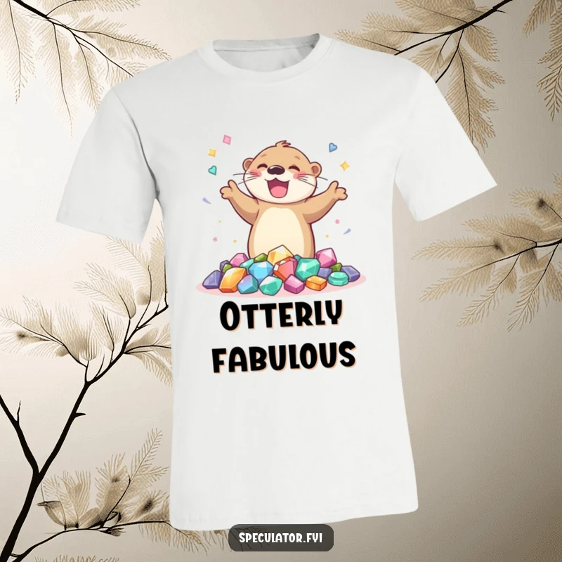 Funny t-shirt featuring a joyful otter dancing enthusiastically around a pile of shiny gems, perfect for joyous occasions.