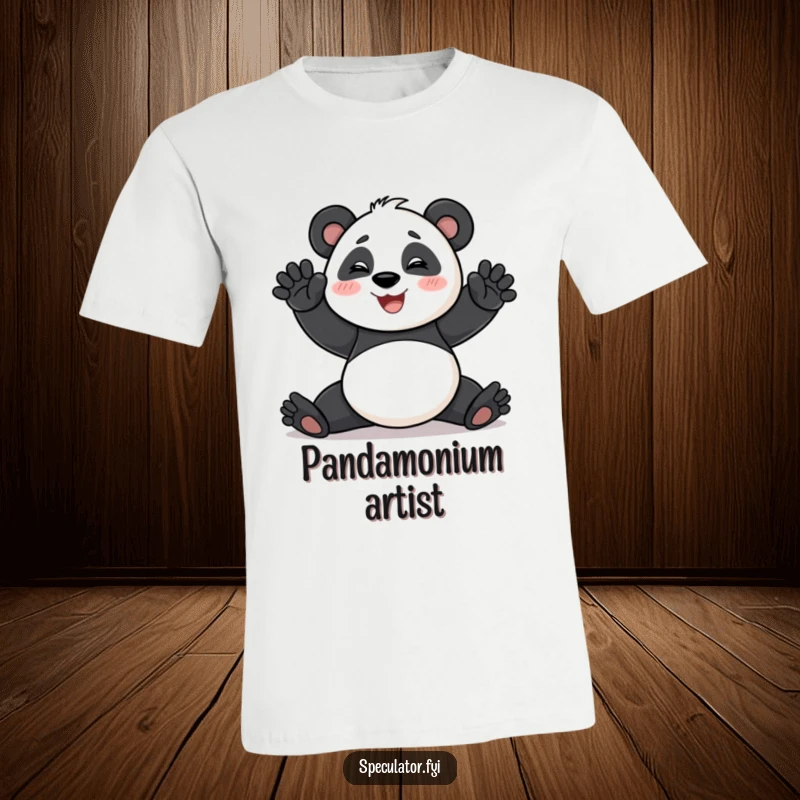 Funny T-Shirt depicting a smiling panda striking a dramatic pose, celebrating performance and playful theatricality.