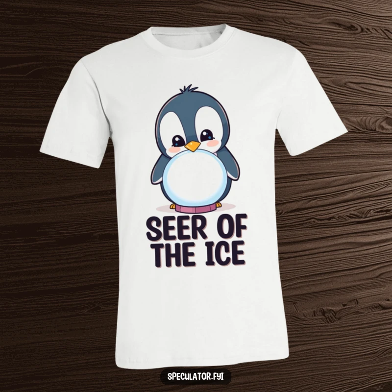 Funny curious penguin smiling while peering into a crystal ball on a t-shirt, humorous and charming apparel.