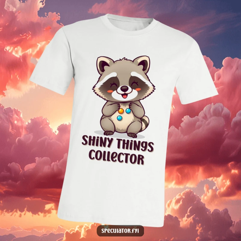 Funny t-shirt showing a giggling raccoon gleefully counting a mound of shiny buttons, exuding joy and a love for treasure.