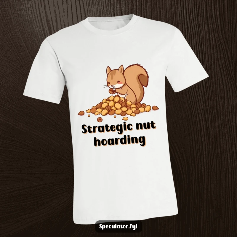 Funny t-shirt design of a squirrel diligently sorting nuts into separate, neat piles, looking very pleased with its work.