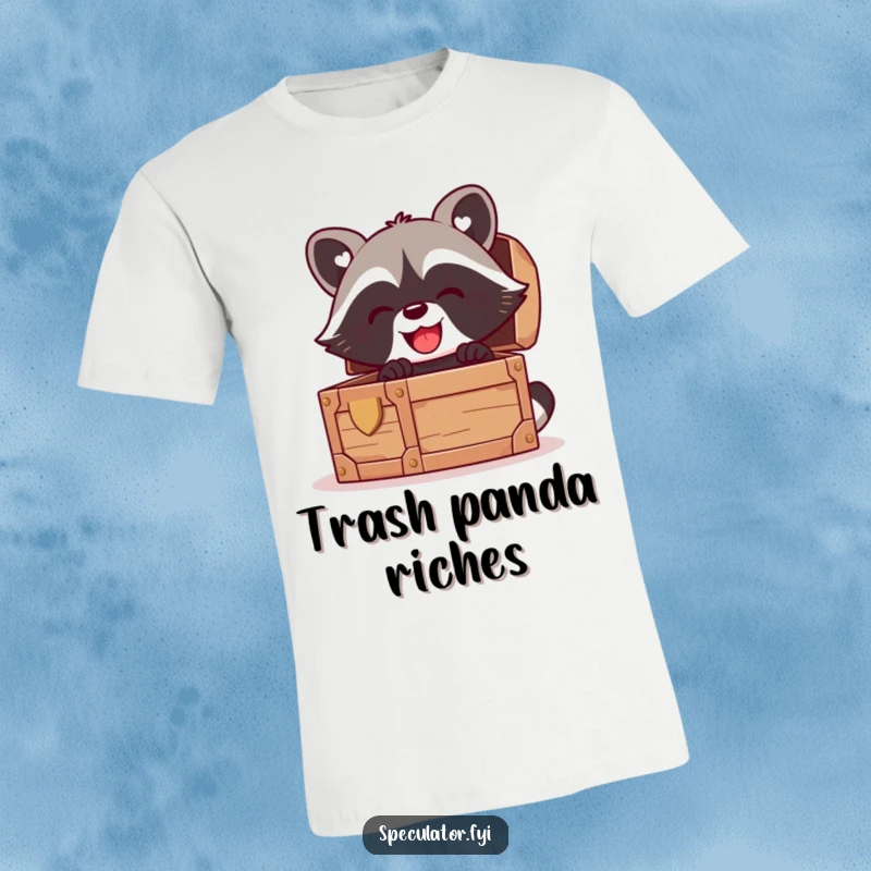 Funny kawaii raccoon t-shirt, peeking gleefully into a treasure chest filled with goodies, great for casual wear.
